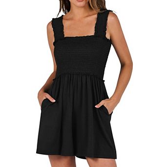 Women's Shirred Strap Rompers Wide Leg Shorts With Side Pockets