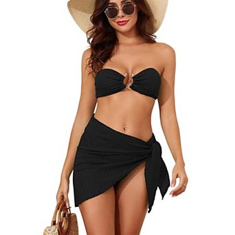 Women's 3 pc Swimsuit Strapless Bra Briefs Skirt Cover Up Set