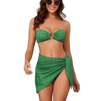 Women's 3 pc Swimsuit Strapless Bra Briefs Skirt Cover Up Set