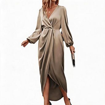Women's Crossover Neck Casual Long-Sleeve Dress