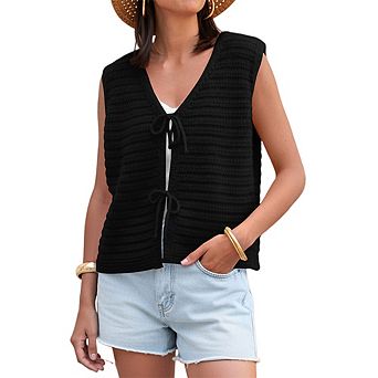 Sleeveless Knit Vest Open Front Self Tie Closure Textured Casual Knit Cardigan Top