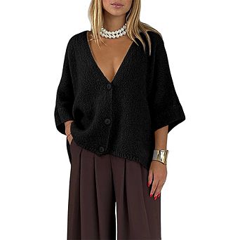 Three Quarter Sleeve Button Front Knit Cardigan Loose Fit Casual Lightweight Sweater Coat