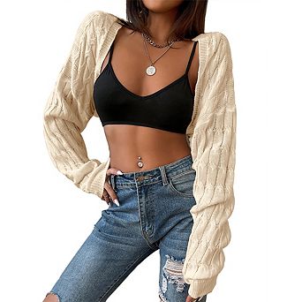 Women Long Sleeve Cable Knit Cropped Cardigan Open Front Casual Shrug Sweater Top