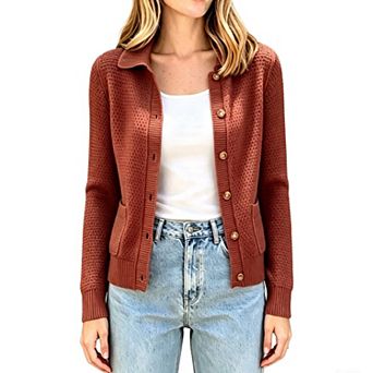Women Collared Button Down Cardigan Sweater Long Sleeve Knit Top