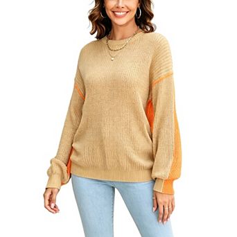 Women Crew Neck Color Block Knit Sweater Long Sleeve Pullover Casual Daily Tops