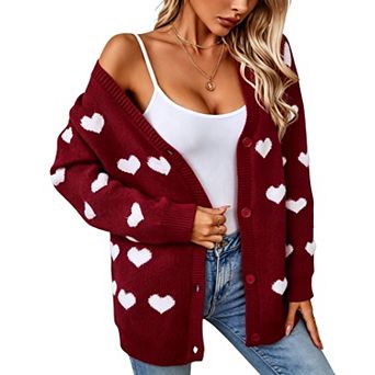 Women Open Front Heart Print Knit Cardigan Long Sleeve Button Down Sweater Coat