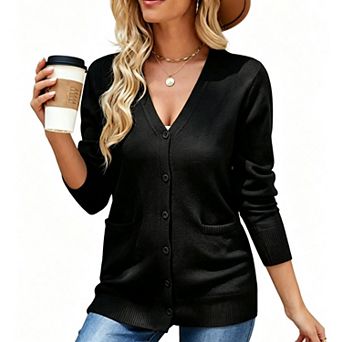 Women V Neck Button Front Sweater Cardigan Long Sleeve Knitwear with Side Pockets