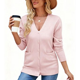 Women V Neck Button Front Sweater Cardigan Long Sleeve Knitwear with Side Pockets