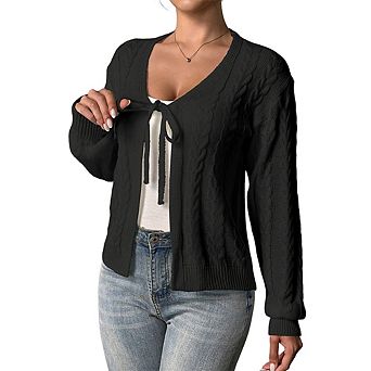 Women Long Sleeve Cable Knit Cardigan Front Tie Open Front Casual Layering Sweater Top