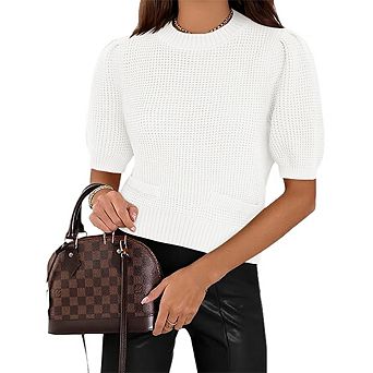 Womens Puff Short Sleeve Knit Sweater Crew Neck Cropped Pullover Top With Fake Pockets