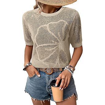 Womens Crew Neck Short Sleeve Hollow Out Knit Pullover Floral Texture Lightweight Sweater Top