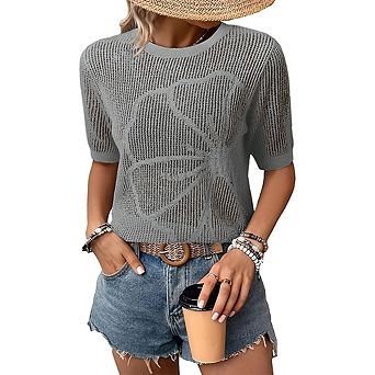 Womens Crew Neck Short Sleeve Hollow Out Knit Pullover Floral Texture Lightweight Sweater Top