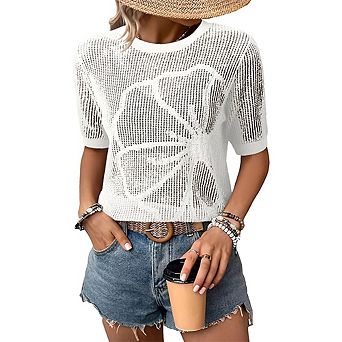 Womens Crew Neck Short Sleeve Hollow Out Knit Pullover Floral Texture Lightweight Sweater Top