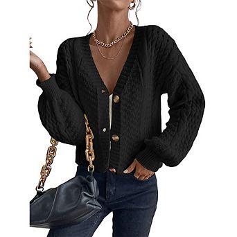 Womens Button Front Cable Knit Cropped Cardigan Long Sleeve Casual Knit Sweater Top