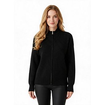 Women's Crew Neck Zip Up Long Sleeve Knit Cardigan Sweater