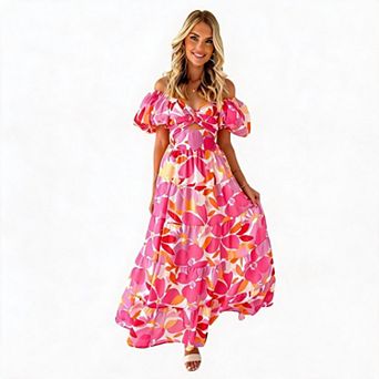 Women's Slim Fit Floral Print Puff Sleeve Dress