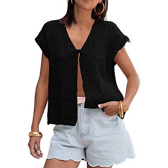 Cap Sleeve Cable Knit Cardigan Front Tie Open Front Casual Knit Vest Top