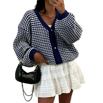 Women's V Neck Long Sleeve Button Cardigan Loose Contrast Sweater