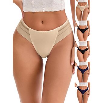 6 Packs Women's Low Rise Ice Silk Lace Elastic Thong Striped Breathable Seamless Underwear