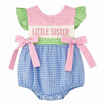 Baby Girls Embroidered Little Sister Gingham Bow Romper