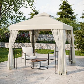 SHADE GRAPHIX 8x8 Patio Gazebo, Two Tier Soft Top Canopy with Corner Shelves & Zipped Netting, Beige