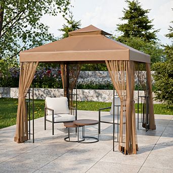 SHADE GRAPHIX 8x8 Patio Gazebo, Two Tier Soft Top Canopy with Corner Shelves & Zipped Netting, Beige