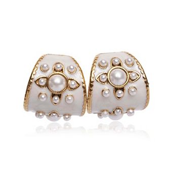 Jewels by Sunaina Milani Flower Clip-On Earrings Stainless Steel with Enamel and Pearl Details