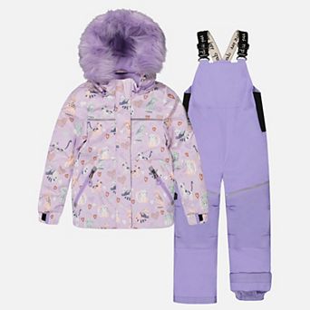 Little Kids Girl Cat Print Two Piece Discover Snowsuit with Hooded Jacket and Snow Pants