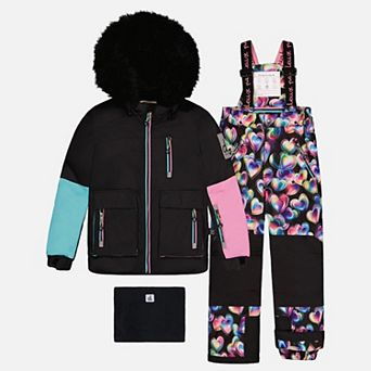 Little Kids Girl Colorblock Two Piece Play Snowsuit with Hooded Jacket and Heart Print Snow Pants