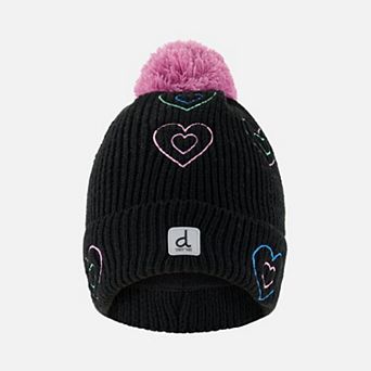 Toddlers Girl Embroidered Hearts Winter Knit Hat with Pompom