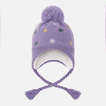 Big Kids Girl Embroidered Floral Winter Peruvian Knit Hat with Pompom