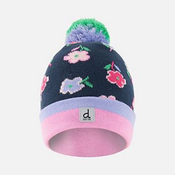 Toddlers Girl Floral Print Winter Knit Hat with Pompom