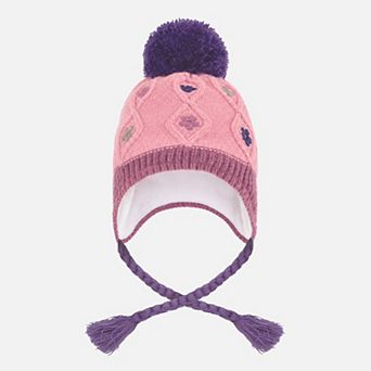 Baby Girl Two-Tone Embroidered Floral Winter Peruvian Knit Hat with Pompom