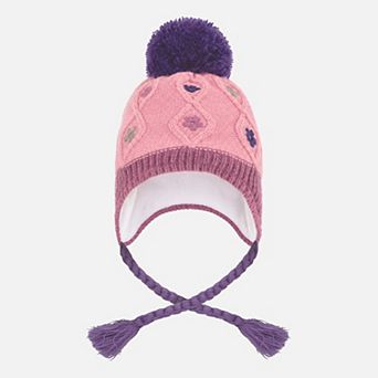 Toddlers Girl Two-Tone Embroidered Floral Winter Peruvian Knit Hat with Pompom