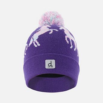 Big Kids Girl Unicorn Motif Winter Knit Hat with Pompom