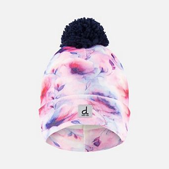Toddlers Girl Winter Knit Hat with Pompom and Printed Flowers