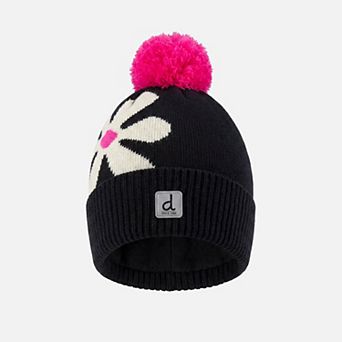 Big Kids Girl Oversized Flower Motif Winter Knit Hat with Pompom