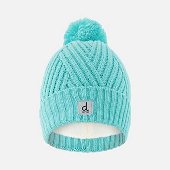 Big Kids Girl Chevron-Textured Winter Knit Hat with Pompom