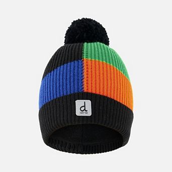 Toddlers Boy Winter Knit Hat with Pompom and Color Block Tiles