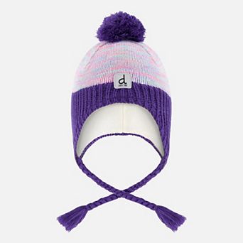 Toddlers Girl Vertical Striped Winter Peruvian Knit Hat with Pompom