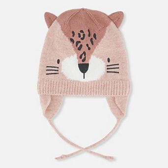 Baby Girl Leopard Winter Knit Hat with Ear Flaps and Ears