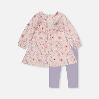 Baby Girl Organic Cotton Dress and Legging Set with Printed Flowers