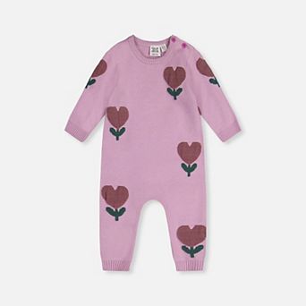 Baby Girl Knitted Intarsia Long Sleeve Romper with Heart and Flower Pattern