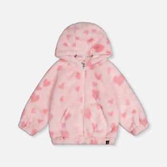Little Kids Girl Heart Jacquard Hooded Full Zip Faux Fur Jacket