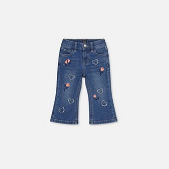 Baby Girl Heart Appliqué & Floral Embroidered Boot Leg Denim Jeans