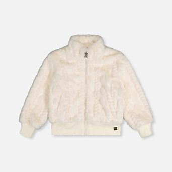 Little Kids Girl Cable-Texture Faux Fur Jacquard Bomber Jacket