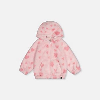Baby Girl Heart Jacquard Hooded Full Zip Faux Fur Jacket