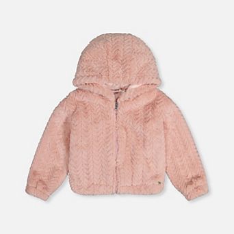 Little Kids Girl Chevron Faux Fur Hooded Zip Cardigan
