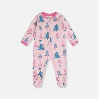 Baby Girl Organic Cotton Tree Print Front Zip Footed One Piece Pajama