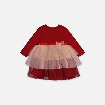 Baby Girl Bi-Material Dress with Glittering Skirt